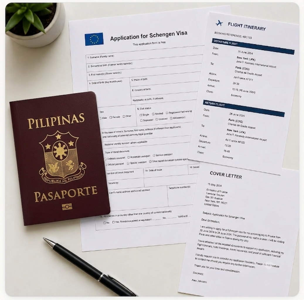 Organised Schengen visa document folder prepared by an applicant from the Philippines, showing a cover letter, flight itinerary to Madrid, and applicant profile alongside a passport and VFS Global Manila appointment slip.