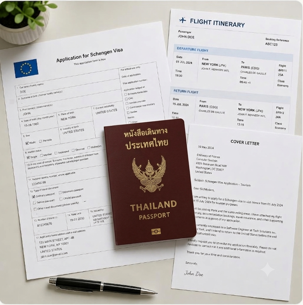 Organised Schengen visa document folder prepared by an applicant from Thailand, showing a cover letter, flight itinerary to Munich, and applicant profile alongside a passport and VFS Global Bangkok appointment slip.