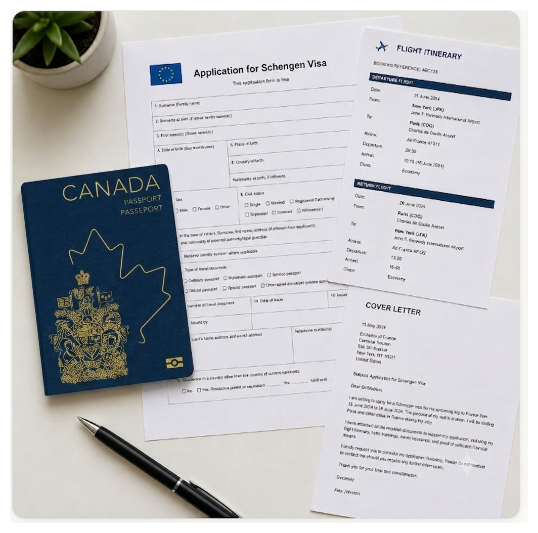 Organised Schengen visa document folder prepared by a Canada-based applicant, showing a cover letter, flight itinerary to Paris, and applicant profile alongside a passport and VFS Global Toronto appointment slip.