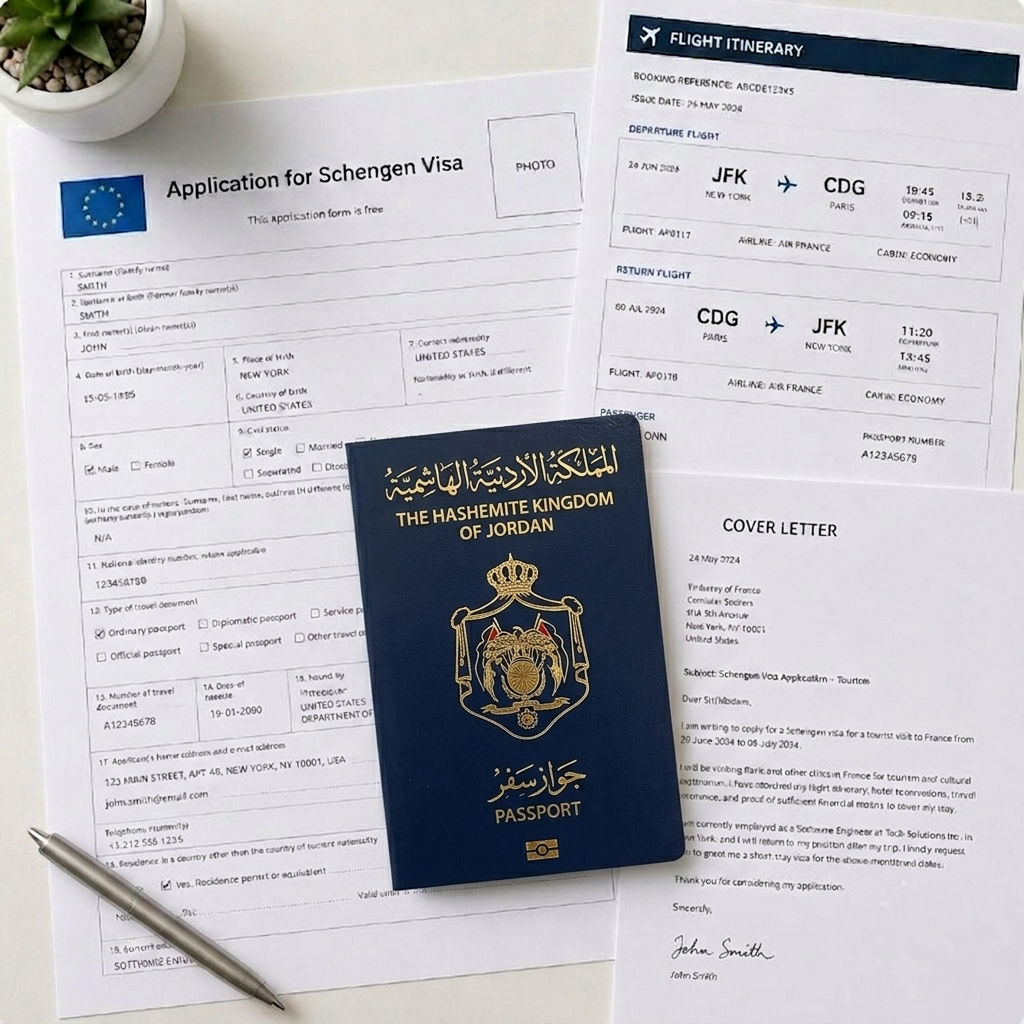 Closed plain dark burgundy passport laid flat on linen alongside a printed travel itinerary, bank statement, and pen — Jordanian applicant Schengen visa kit.