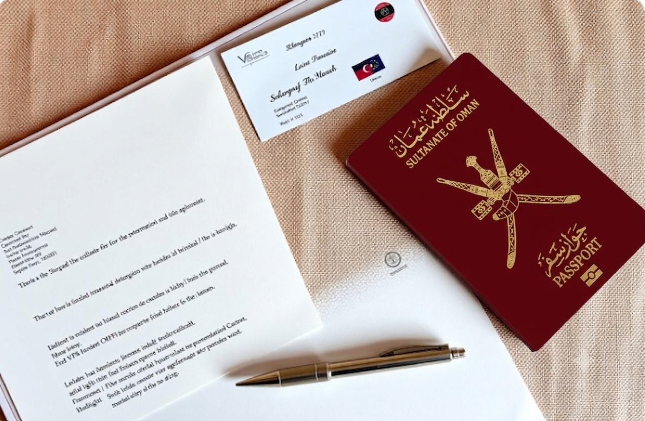 Organised Schengen visa document folder prepared by an applicant from Oman, showing a cover letter, flight itinerary to Munich, and applicant profile alongside a passport and VFS Muscat appointment slip.