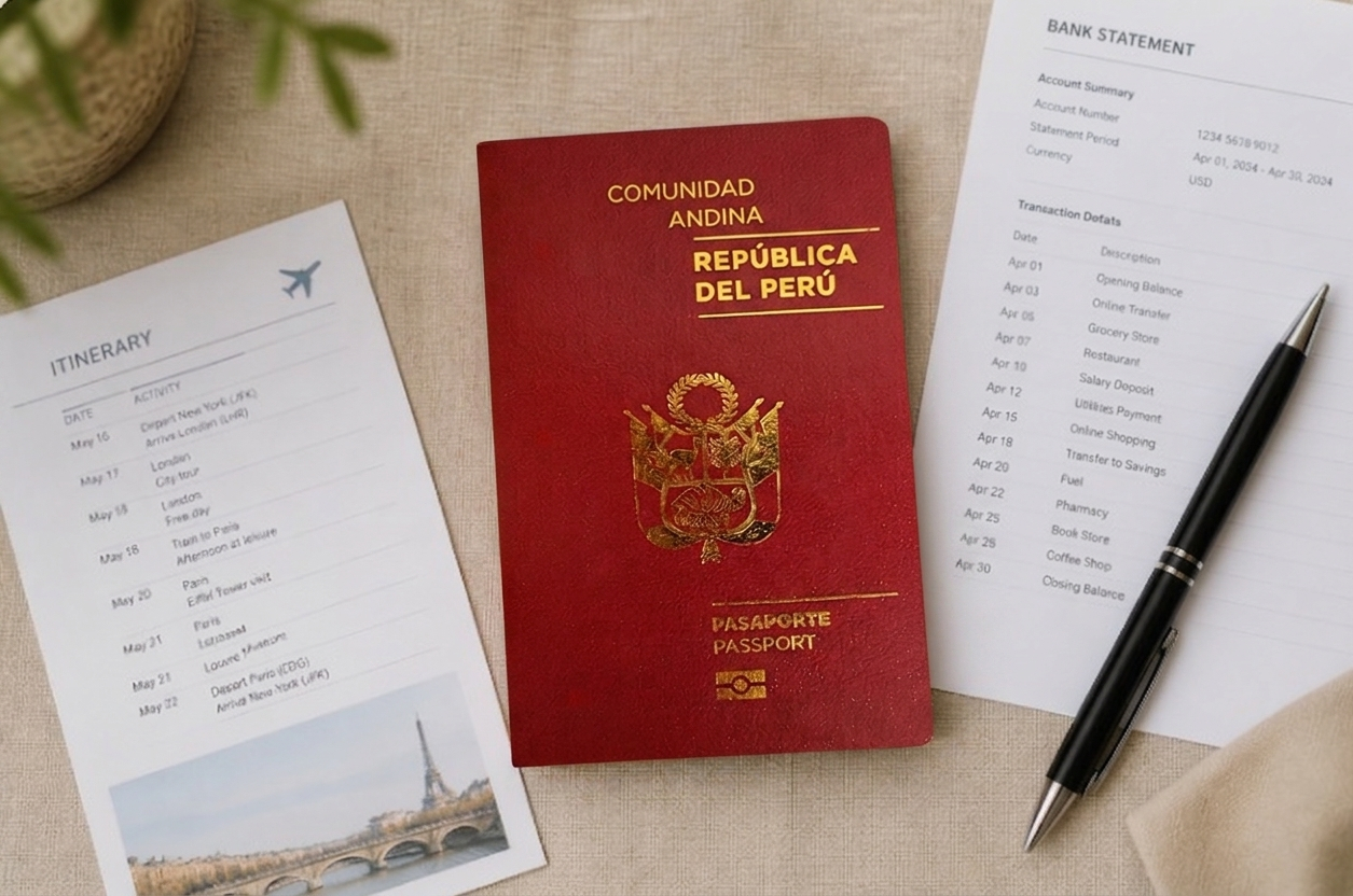 Closed plain dark red passport laid flat on linen alongside a printed travel itinerary, bank statement, and pen — Peruvian applicant Schengen visa kit.
