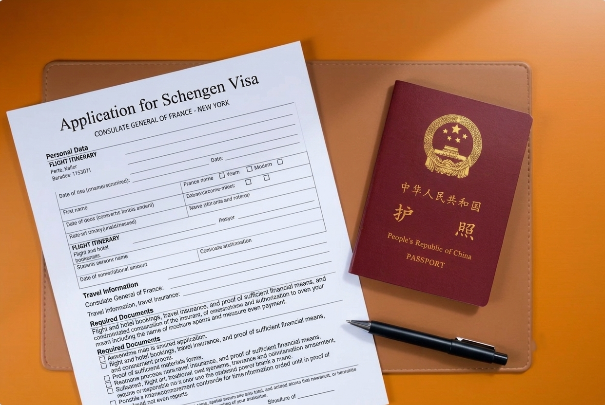 Organised Schengen visa document folder prepared by a Chinese applicant, showing a cover letter, flight itinerary to Paris, and applicant profile alongside a passport and VFS visa centre appointment slip.