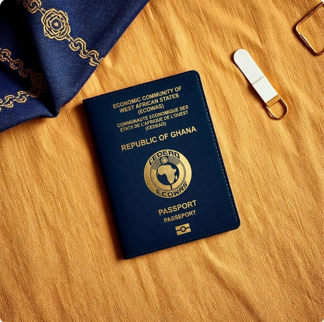 Organised Schengen visa document folder prepared by a Ghanaian applicant, showing a cover letter, flight itinerary to Frankfurt, and applicant profile alongside a passport and VFS Accra appointment slip.
