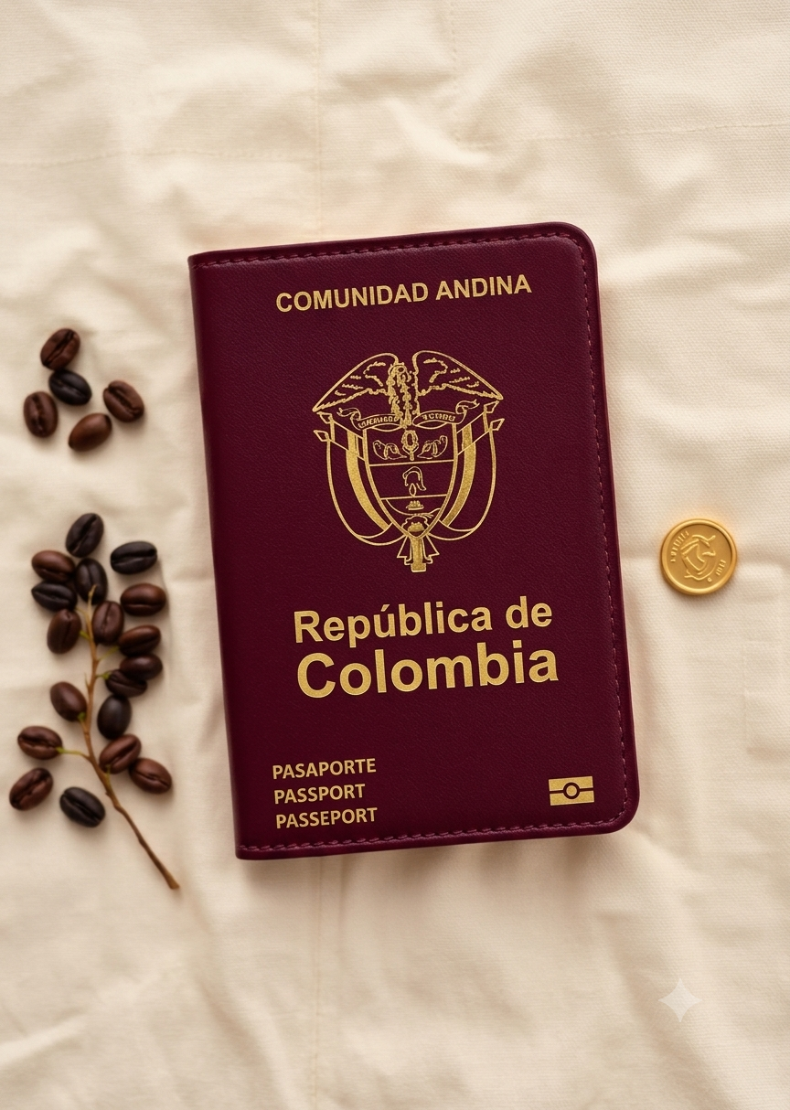 Organised Schengen long-stay visa document folder prepared by a Colombian applicant, showing a cover letter, flight itinerary to Madrid, and applicant profile alongside a passport and consulate appointment slip.