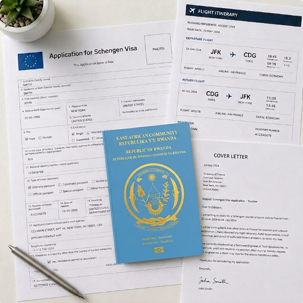 Closed plain dark teal passport laid flat on linen alongside a printed travel itinerary, bank statement, and pen — Rwandan applicant Schengen visa kit.