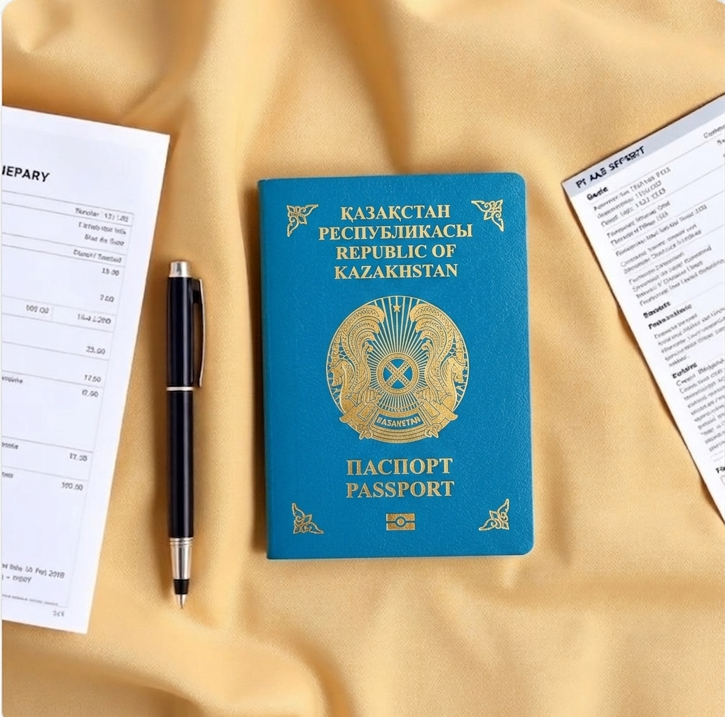 Closed plain royal blue passport laid flat on linen alongside a printed travel itinerary, bank statement, and pen — Kazakhstani applicant Schengen visa kit.
