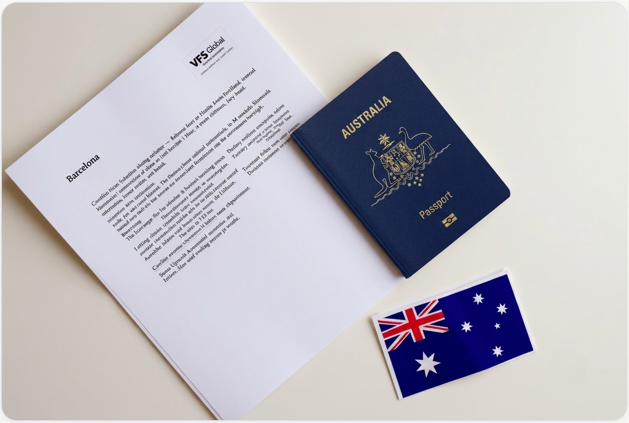 Organised Schengen visa document folder prepared by an Australia-based applicant, showing a cover letter, flight itinerary to Barcelona, and applicant profile alongside a passport and VFS Global Sydney appointment slip.