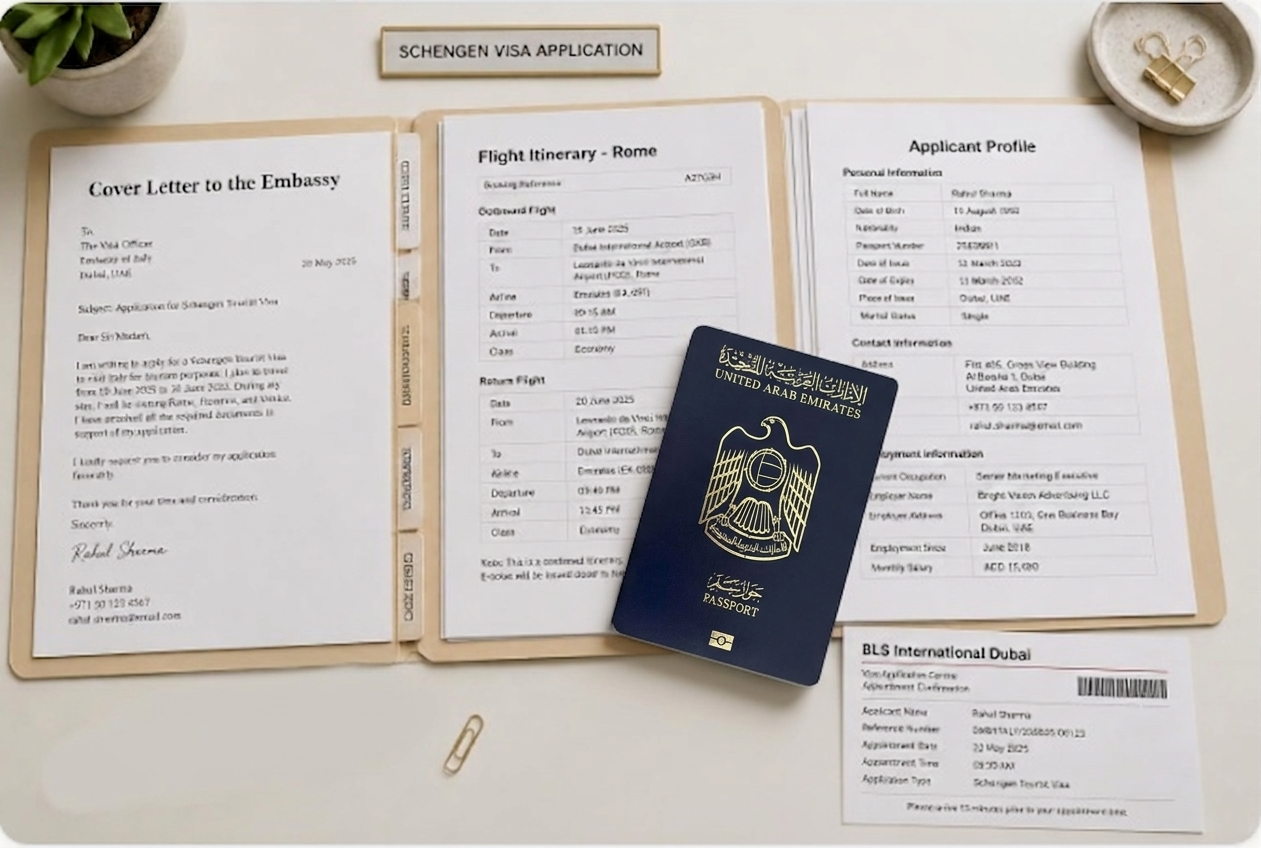 Organised Schengen visa document folder prepared by a UAE resident, showing a cover letter, flight itinerary to Rome, and applicant profile alongside a passport and BLS International Dubai appointment slip.