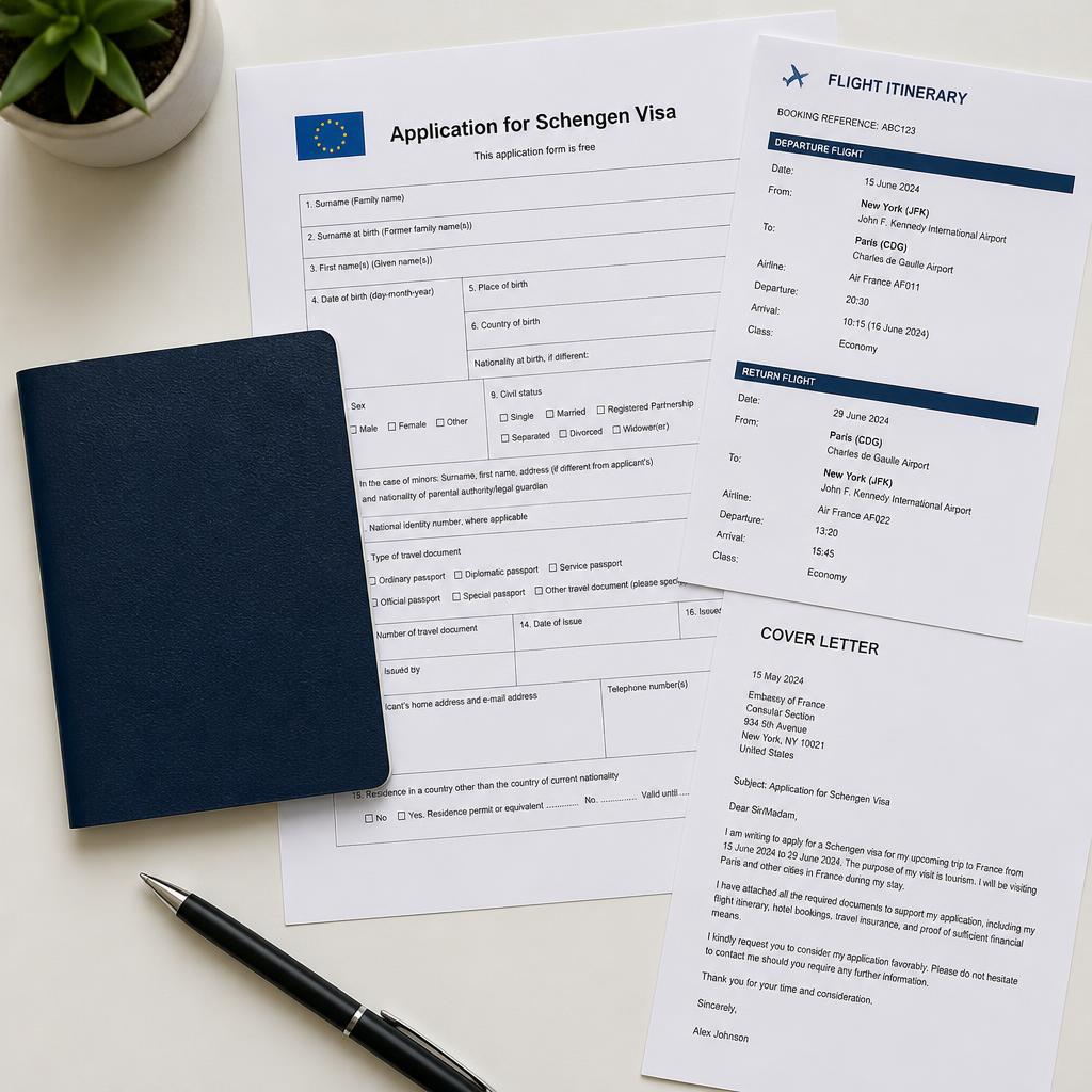 Organised Schengen visa document folder prepared by a Canada-based applicant, showing a cover letter, flight itinerary to Paris, and applicant profile alongside a passport and VFS Global Toronto appointment slip.
