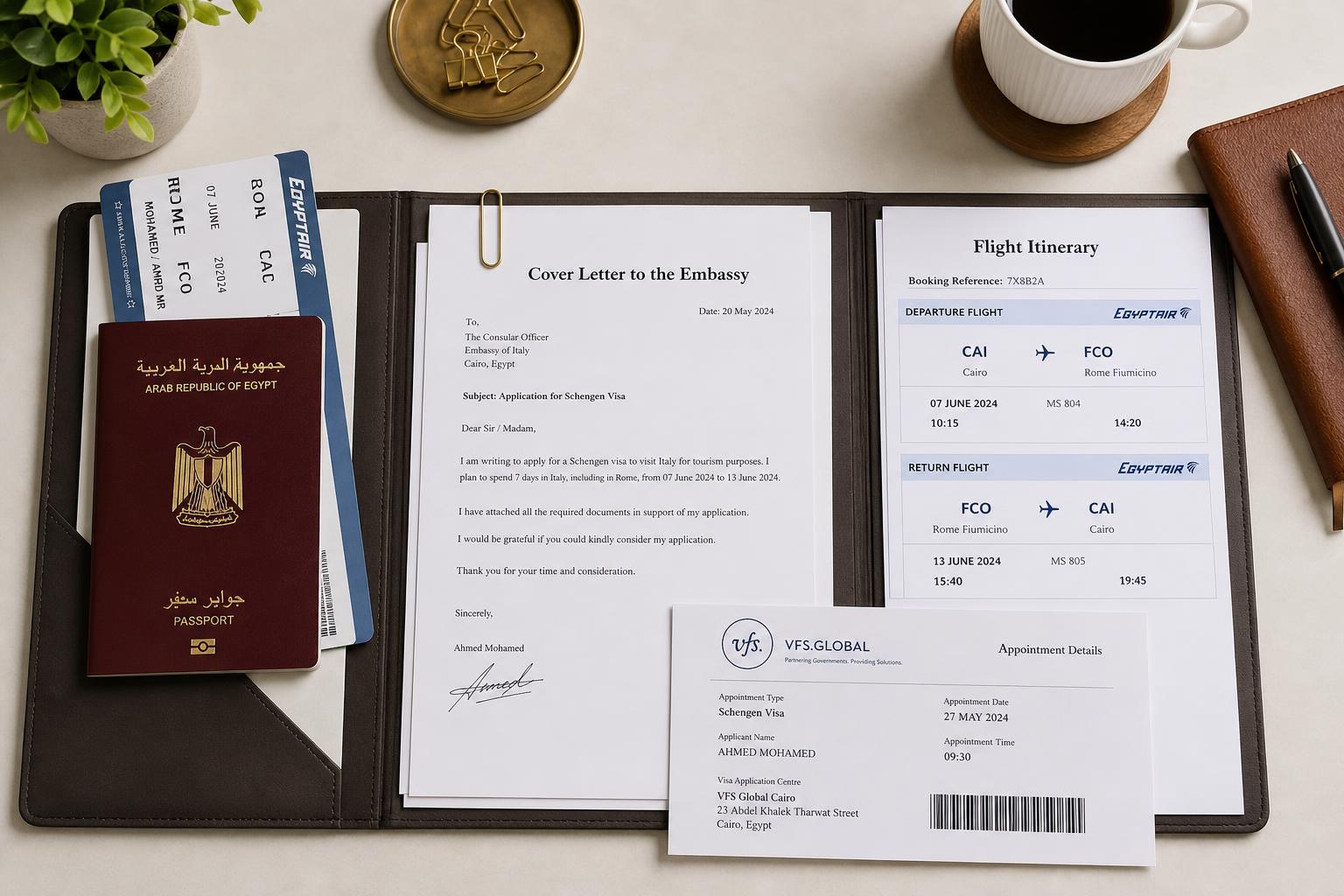Organised Schengen visa document folder prepared by an applicant from Egypt, showing a cover letter, flight itinerary to Rome, and applicant profile alongside a passport and VFS Global Cairo appointment slip.