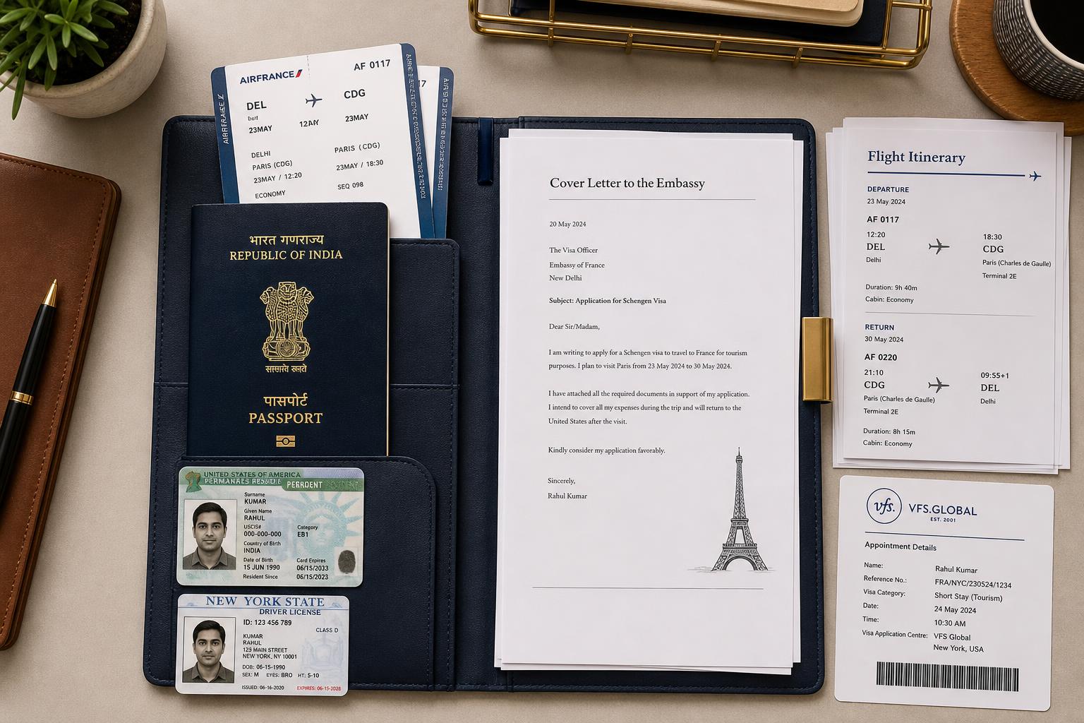 Organised Schengen visa document folder prepared by an Indian passport holder living in the United States, showing an Indian passport, US green card and driver's license, a cover letter to the French embassy, flight itinerary to Paris, and VFS Global New York appointment slip.