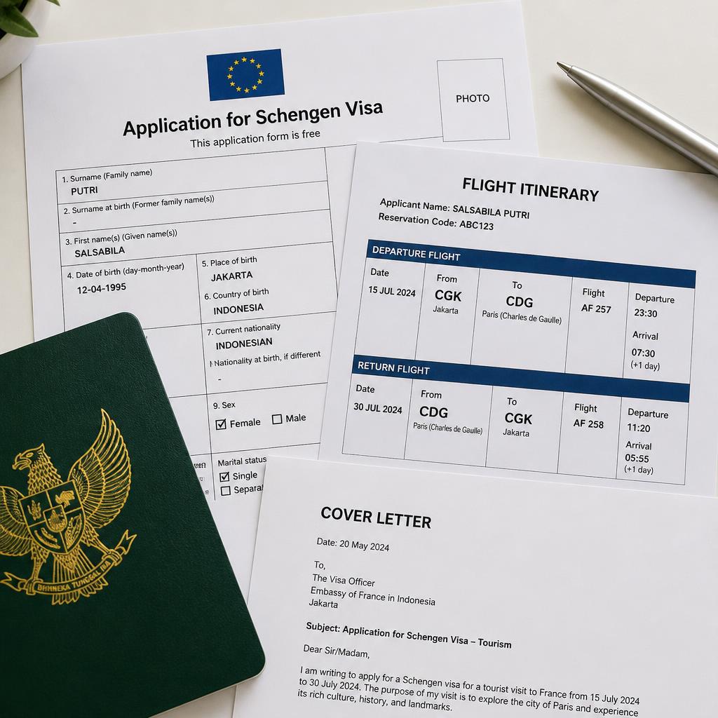 Organised Schengen visa document folder prepared by an applicant from Indonesia, showing a cover letter, flight itinerary to Amsterdam, and applicant profile alongside a passport and VFS Global Jakarta appointment slip.