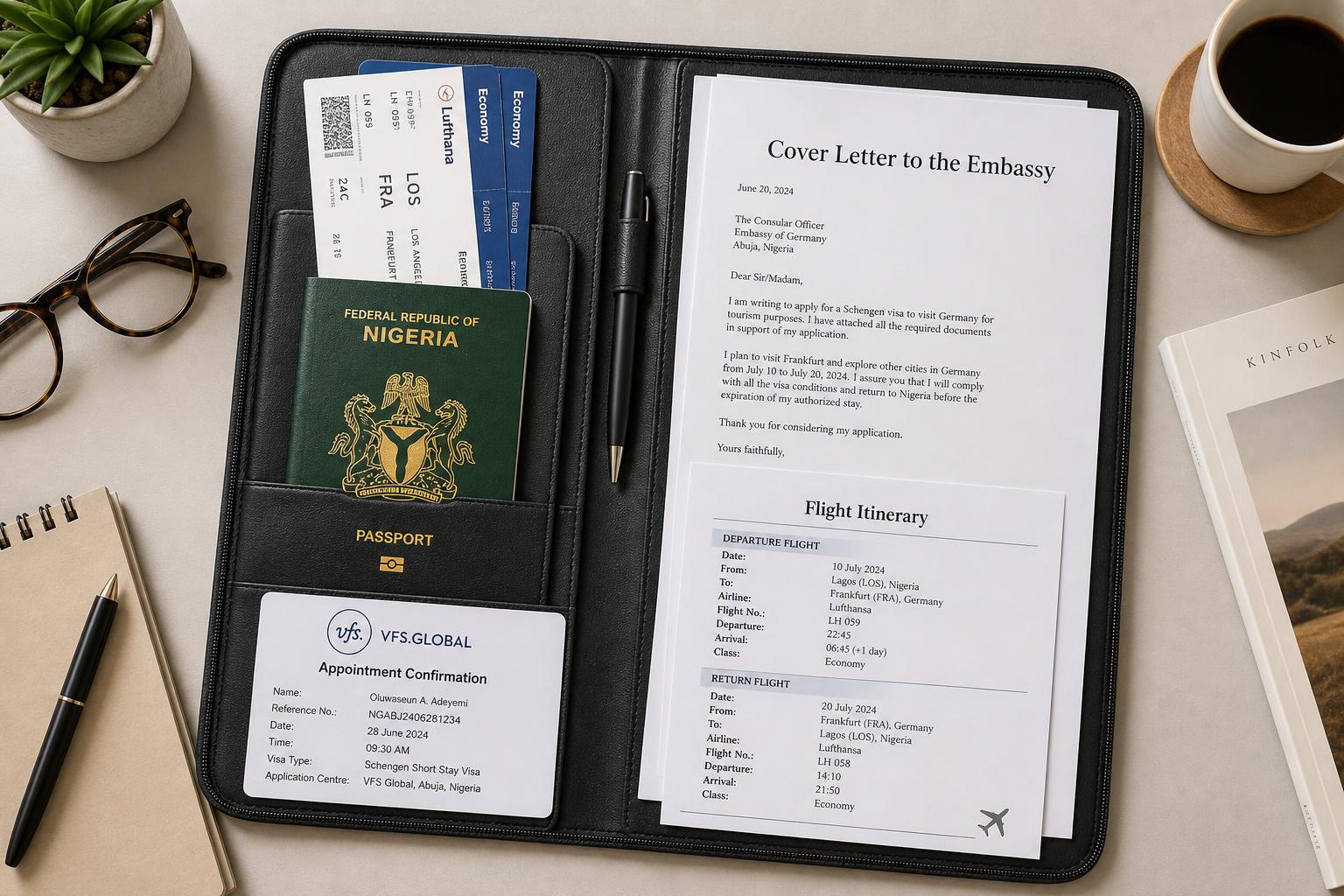 Organised Schengen visa document folder prepared by an applicant from Nigeria, showing a cover letter, flight itinerary to Frankfurt, and applicant profile alongside a passport and VFS Global Abuja appointment slip.