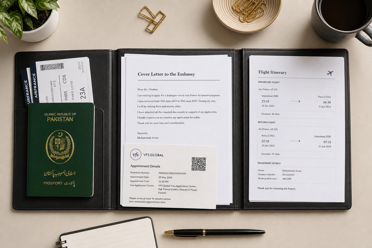 Organised Schengen visa document folder prepared by an applicant from Pakistan, showing a cover letter, flight itinerary to Paris, and applicant profile alongside a passport and VFS Global Karachi appointment slip.