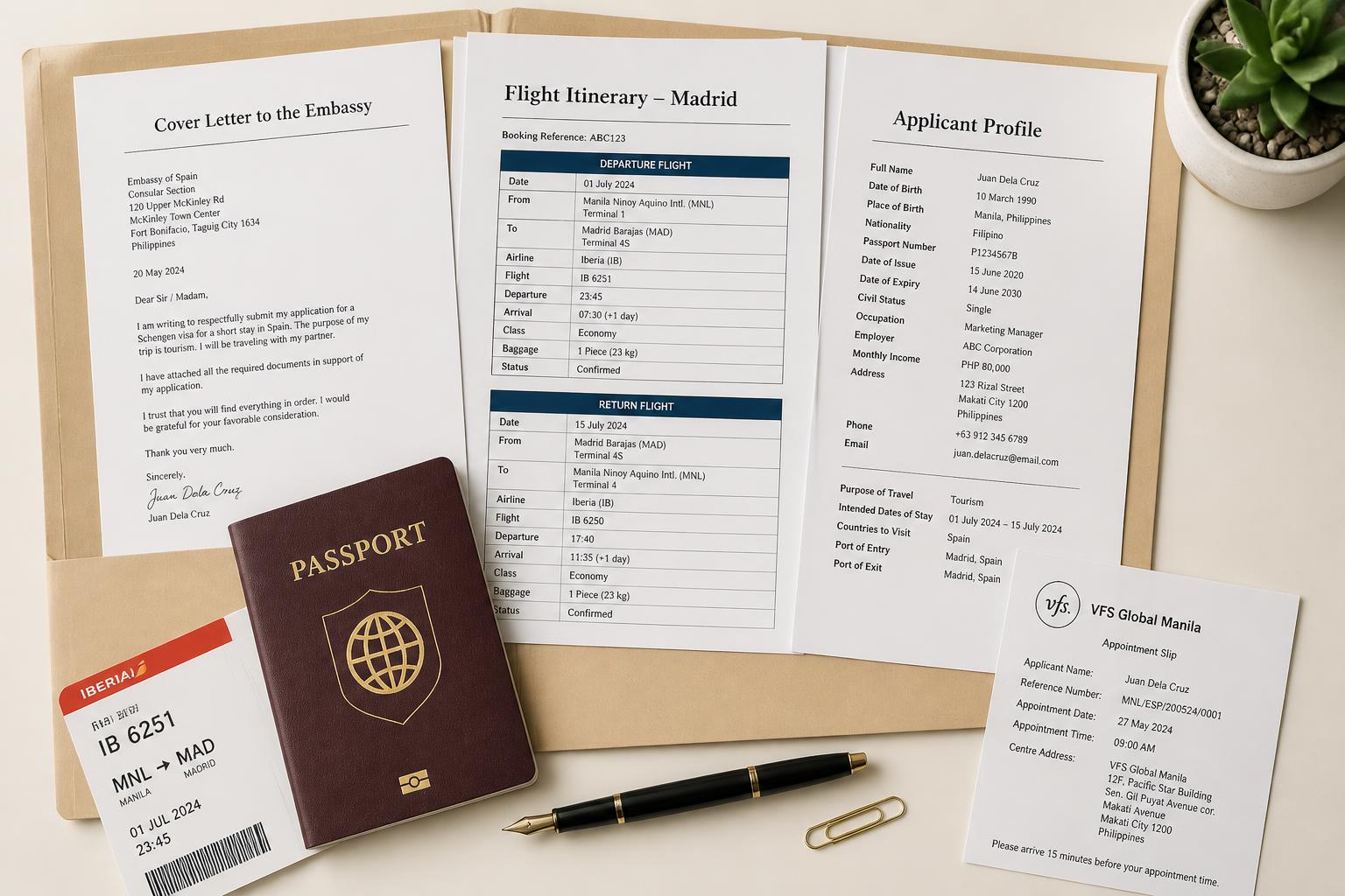 Organised Schengen visa document folder prepared by an applicant from the Philippines, showing a cover letter, flight itinerary to Madrid, and applicant profile alongside a passport and VFS Global Manila appointment slip.