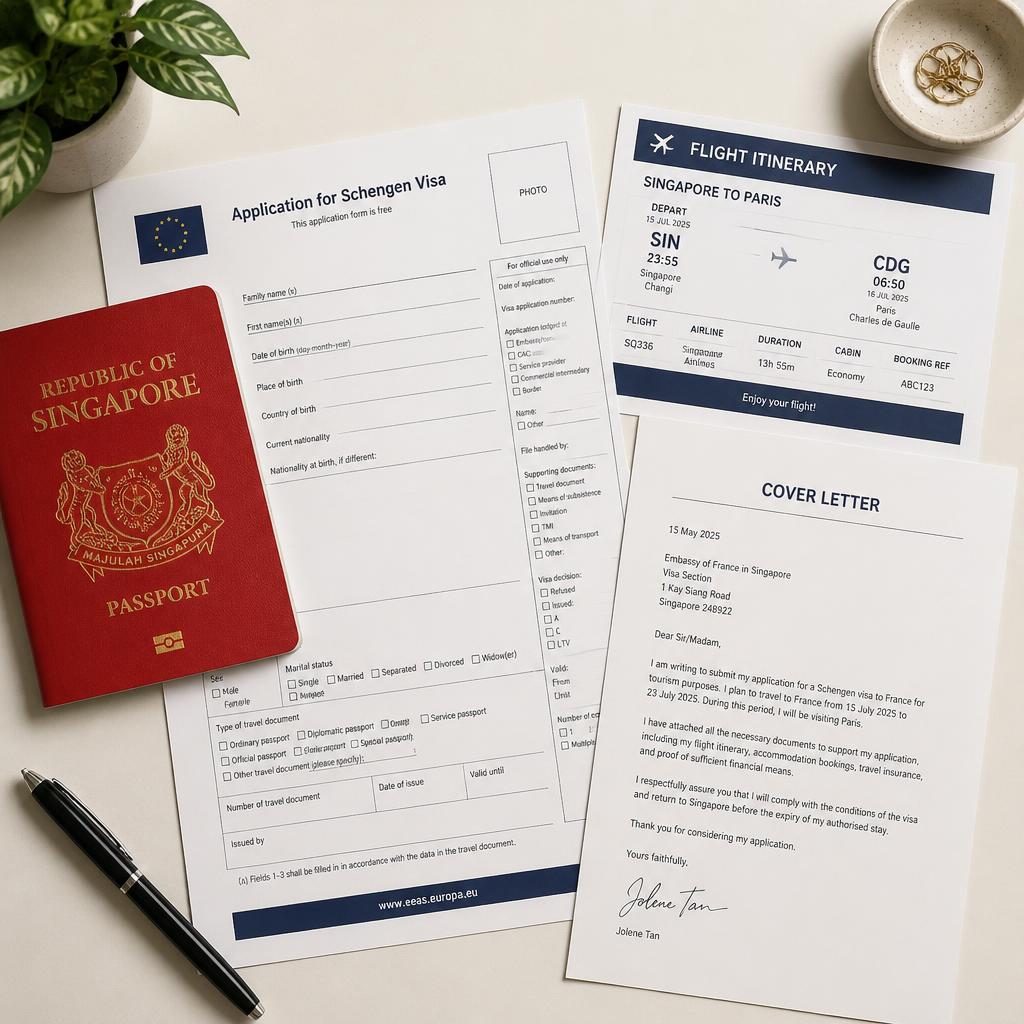 Organised Schengen visa document folder prepared by a resident applicant in Singapore, showing a cover letter, flight itinerary to Zurich, employment pass card, and passport alongside a VFS Singapore appointment slip.
