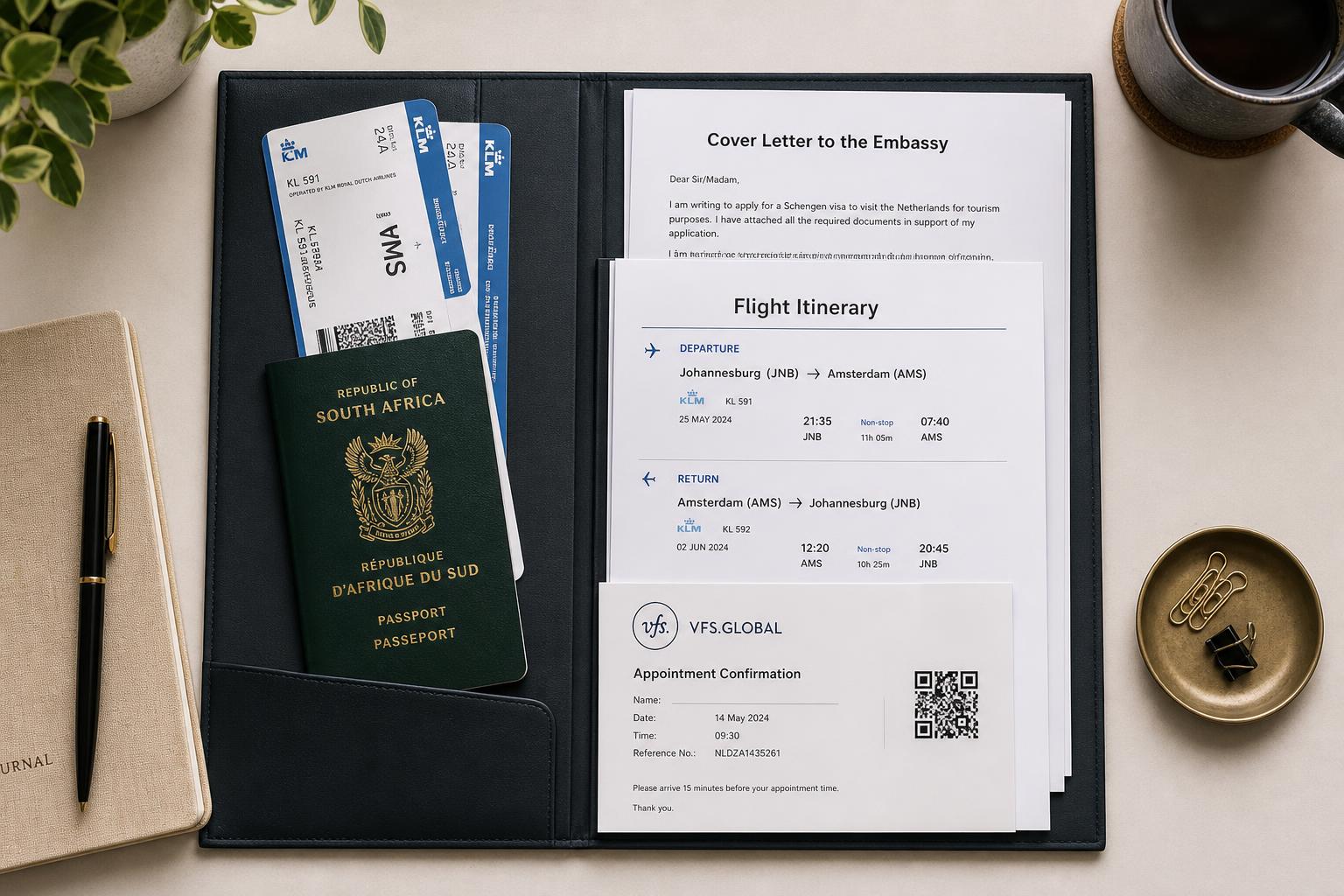 Organised Schengen visa document folder prepared by a South African applicant, showing a cover letter, flight itinerary to Amsterdam, and applicant profile alongside a passport and VFS Global Johannesburg appointment slip.
