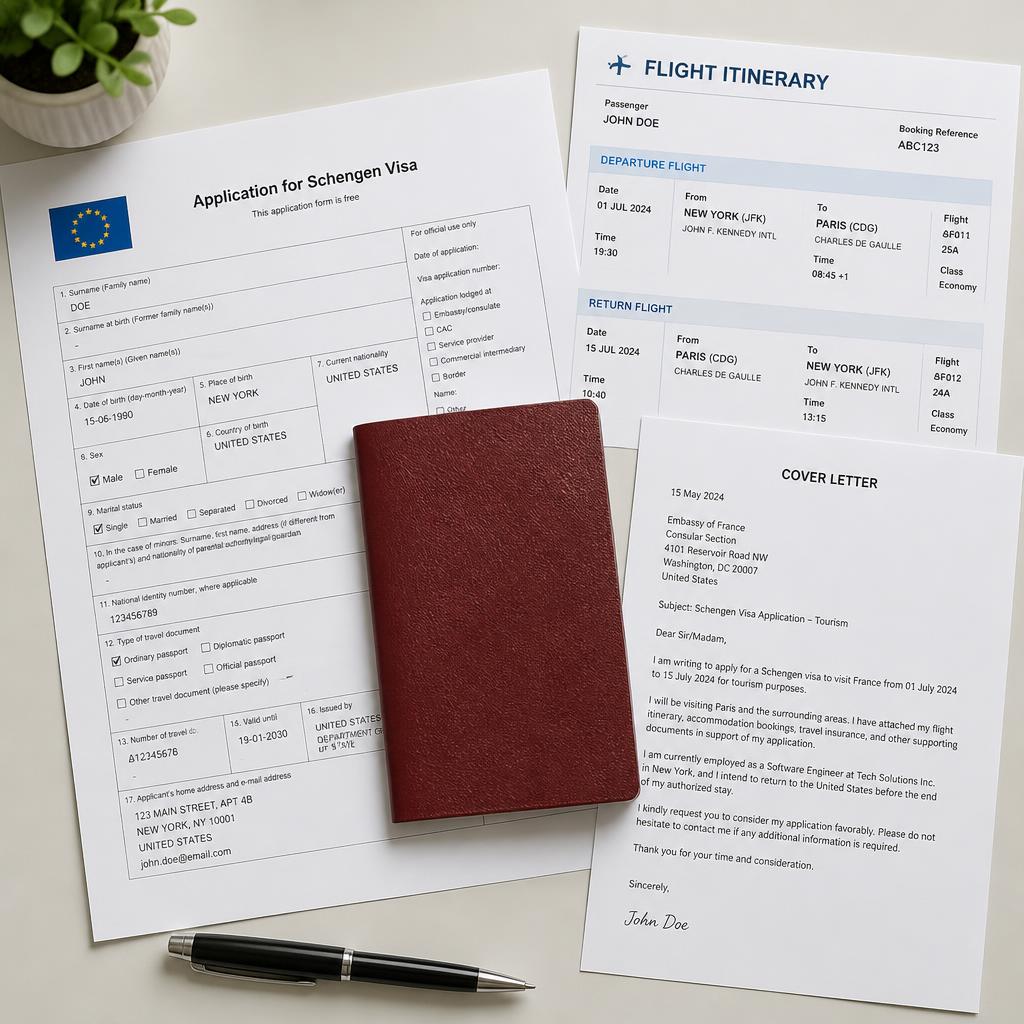 Organised Schengen visa document folder prepared by an applicant from Thailand, showing a cover letter, flight itinerary to Munich, and applicant profile alongside a passport and VFS Global Bangkok appointment slip.