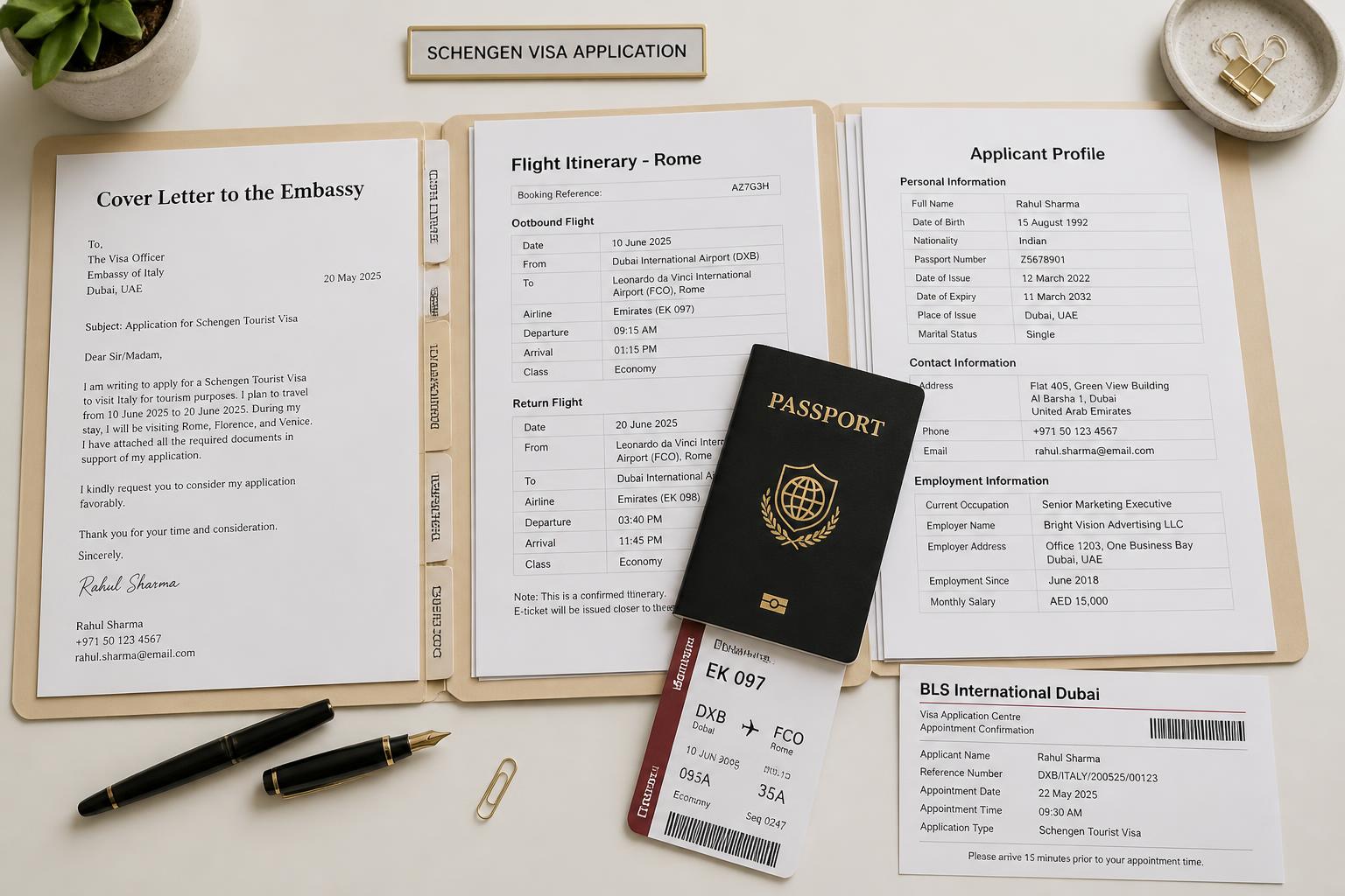 Organised Schengen visa document folder prepared by a UAE resident, showing a cover letter, flight itinerary to Rome, and applicant profile alongside a passport and BLS International Dubai appointment slip.