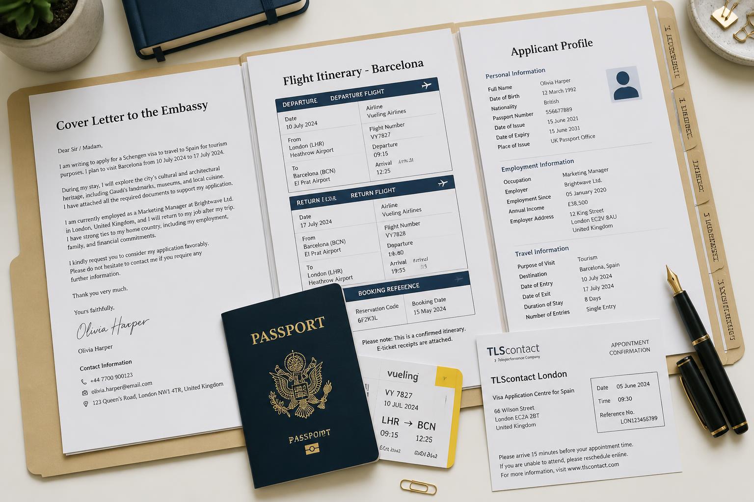 Organised Schengen visa document folder prepared by a UK-based applicant, showing a cover letter, flight itinerary to Barcelona, and applicant profile alongside a passport and TLScontact London appointment slip.